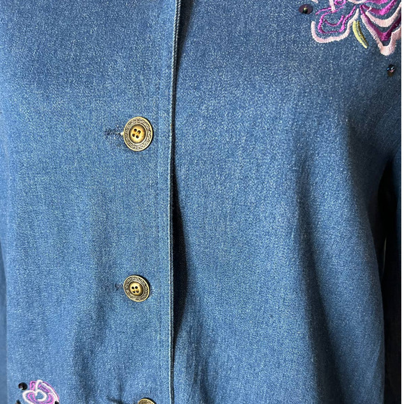 Allison Daley Denim Jacket with Purple Floral Appliques Metal Buttons Size 12 - Picture 2 of 5